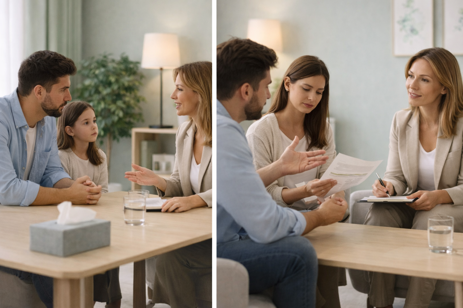 Two people sitting at a table having a calm and supportive conversation, with a mediator facilitating the discussion